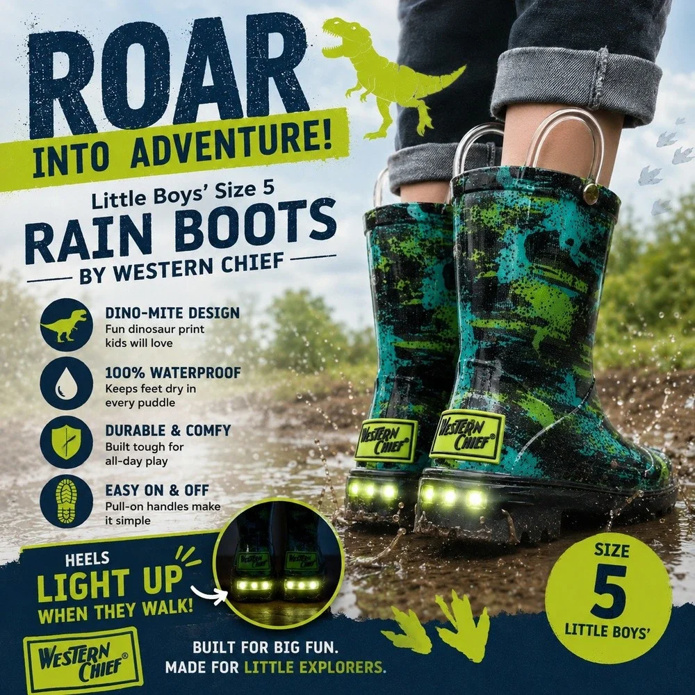 Western Chief Boys Size 5 Dinosaur Light Up Rain Boots Waterproof Green Blue